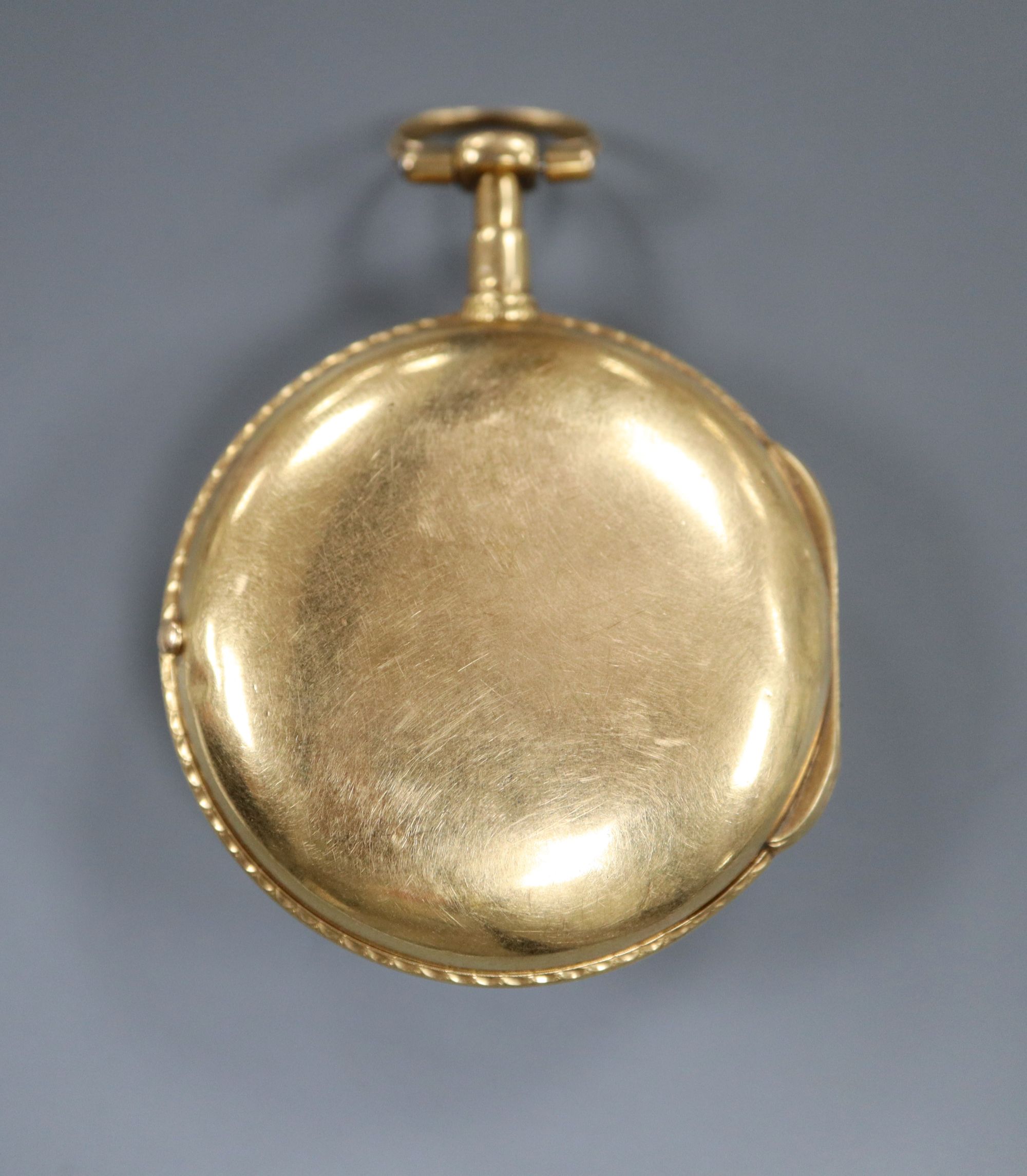A 19th century French yellow metal open face keywind pocket watch by Guye le Jne? a Paris,